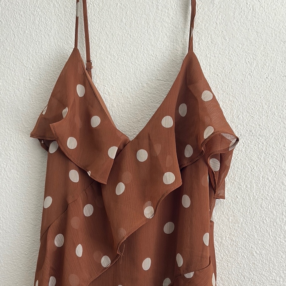 Brown and White Polka Dot Asymmetrical Sundress with Spaghetti Straps - Picture 4 of 8
